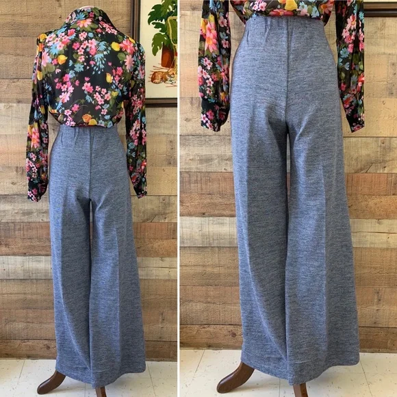 Vintage 1970’s Knit Pull On Wide Leg Bell Bottom Soft Comfy Pants Trousers - Picture 2 of 6